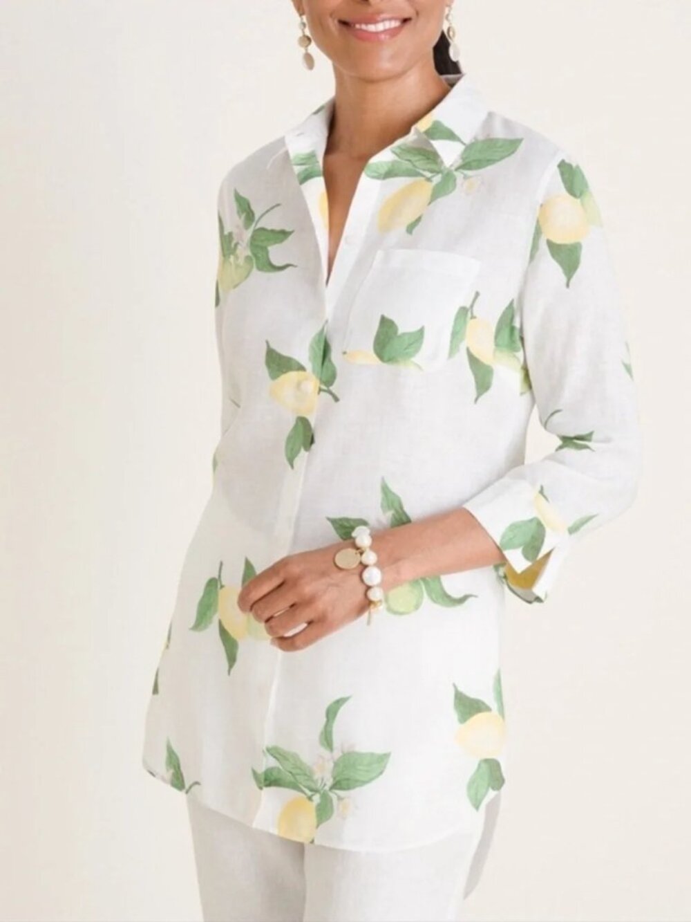 Chico's White Yellow Lemon Print Linen Button Down Shirt 1 Medium